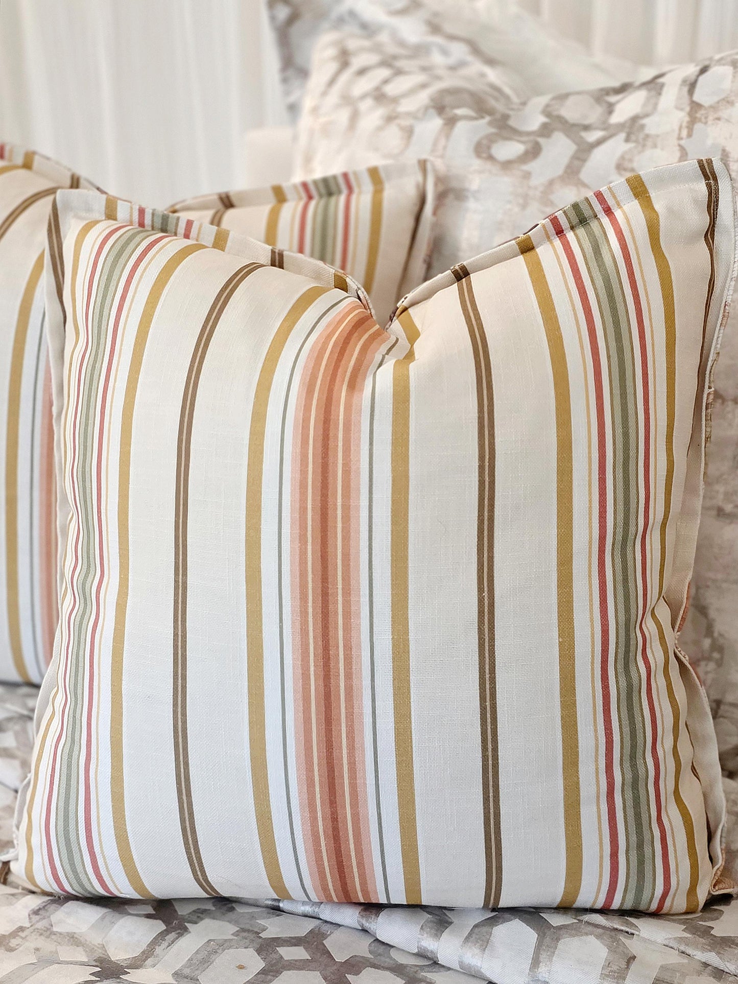 Coral Seafoam Tropical Floral and Stripe Pillow Cover