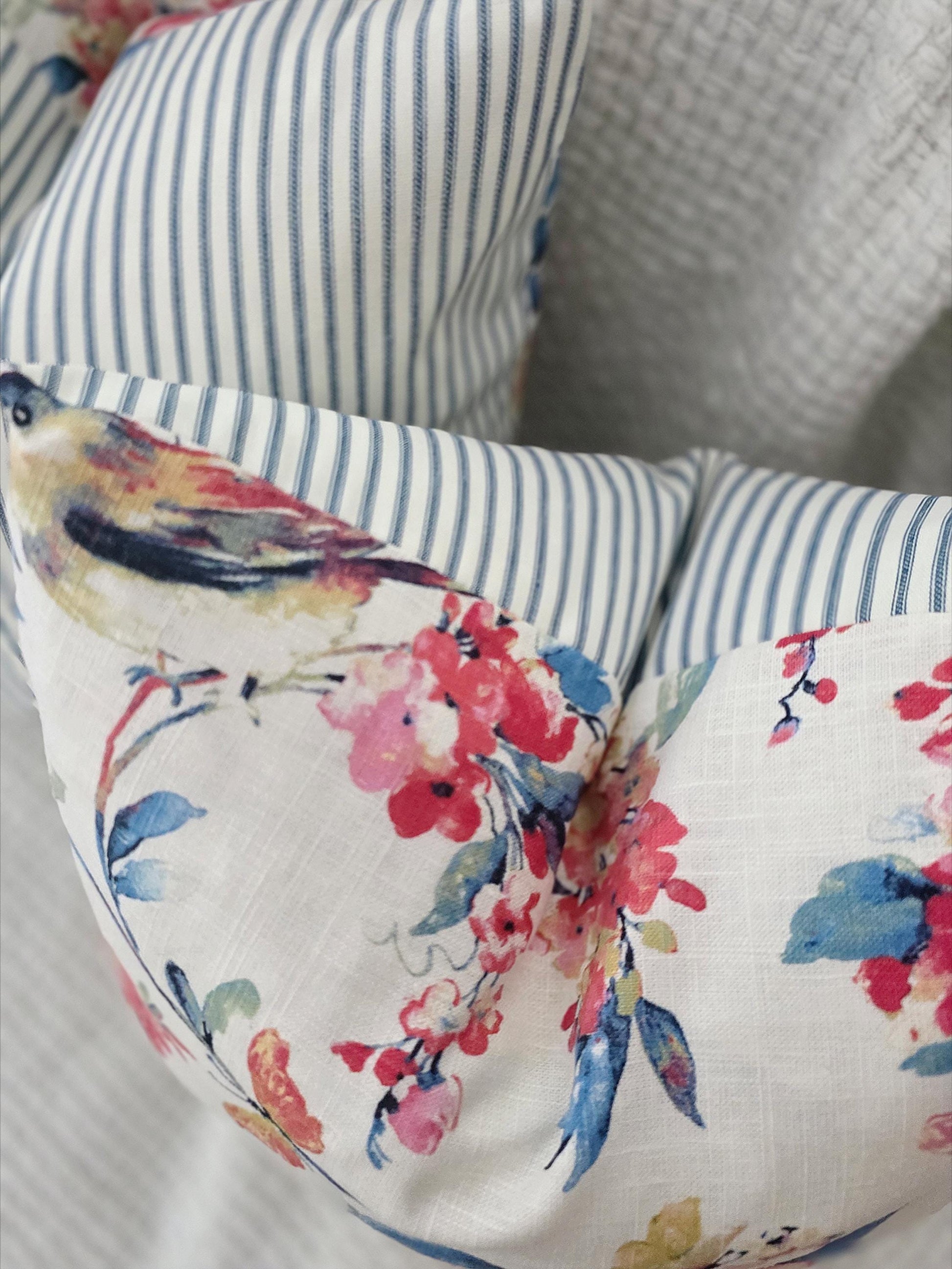 Navy and Pink Floral and Bird Scenery Pillow Cover