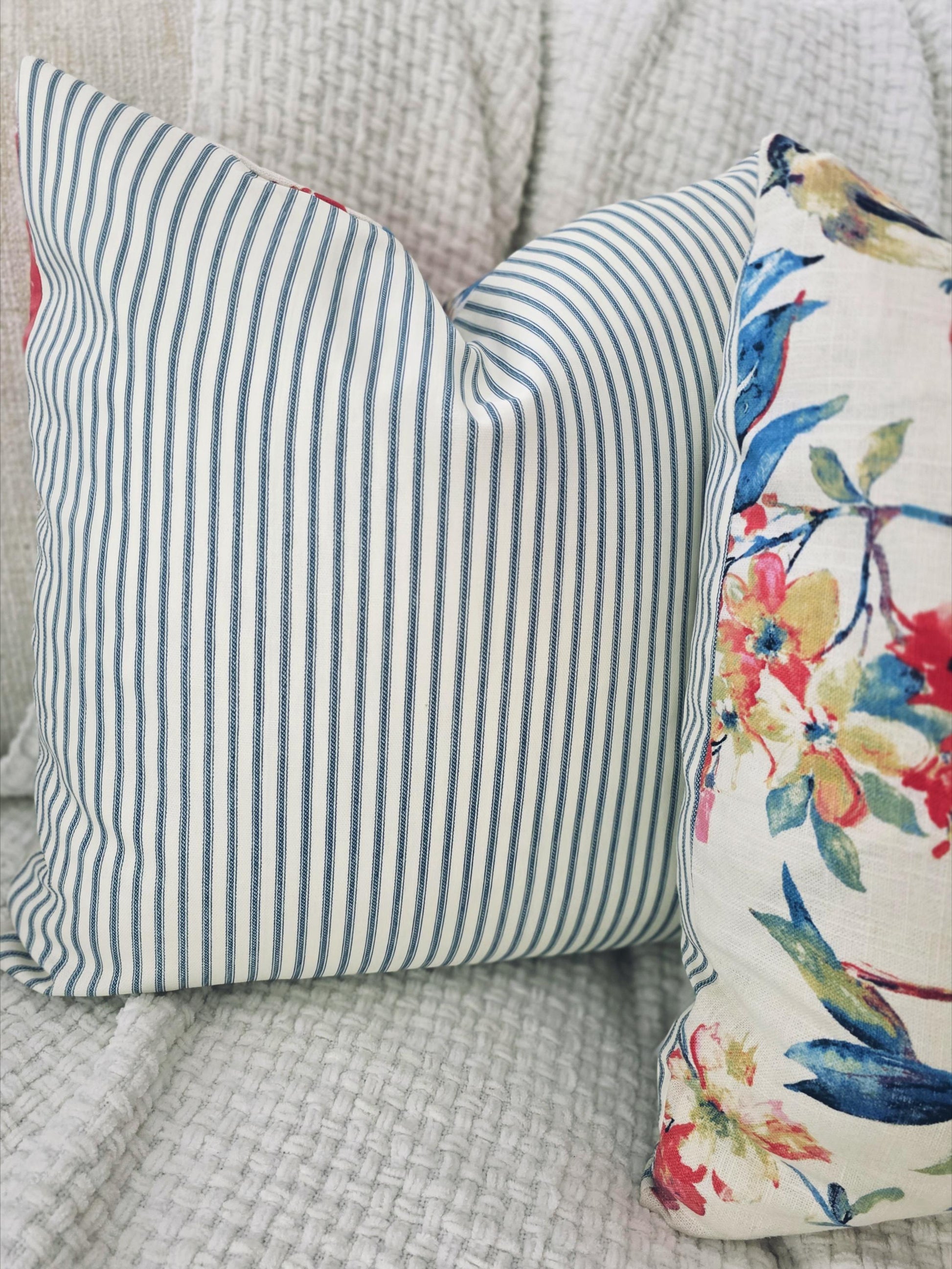 Navy and Pink Floral and Bird Scenery Pillow Cover