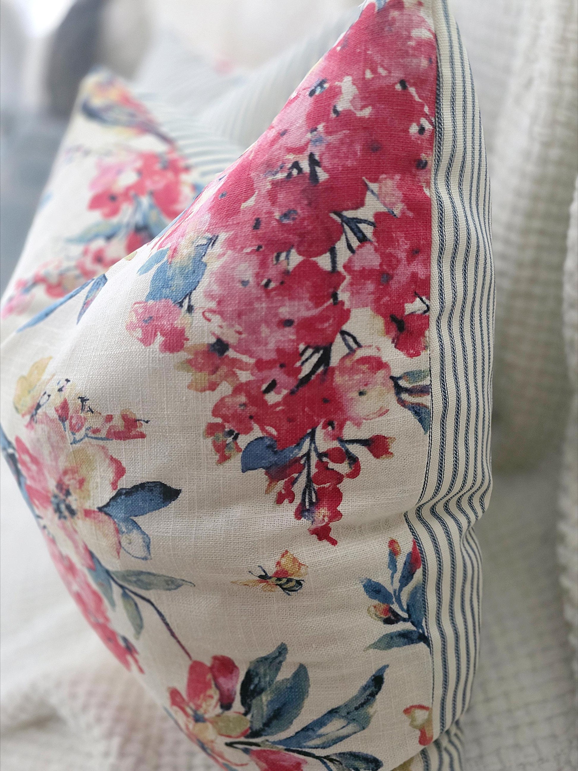 Navy and Pink Floral and Bird Scenery Pillow Cover