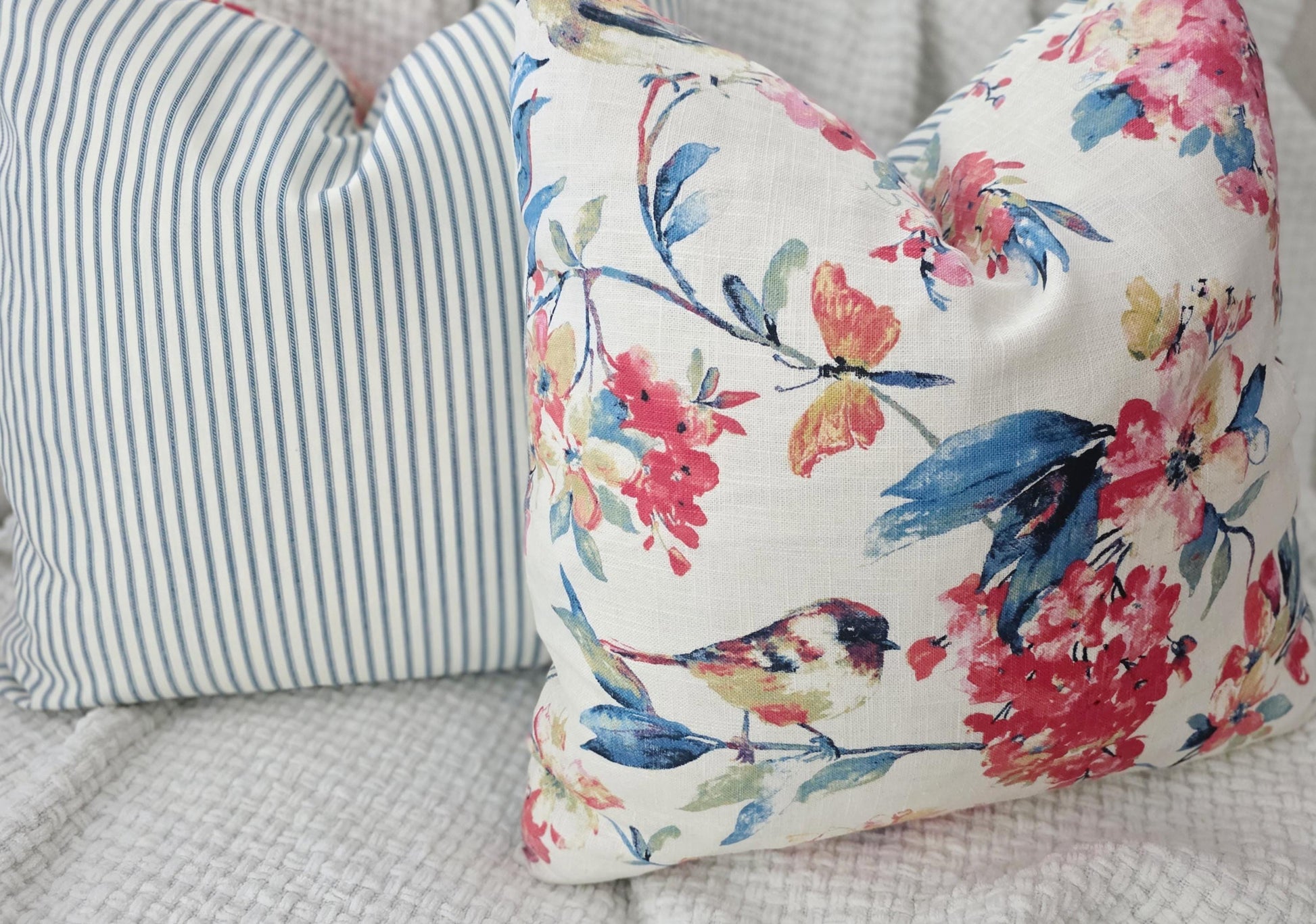 Navy and Pink Floral and Bird Scenery Pillow Cover