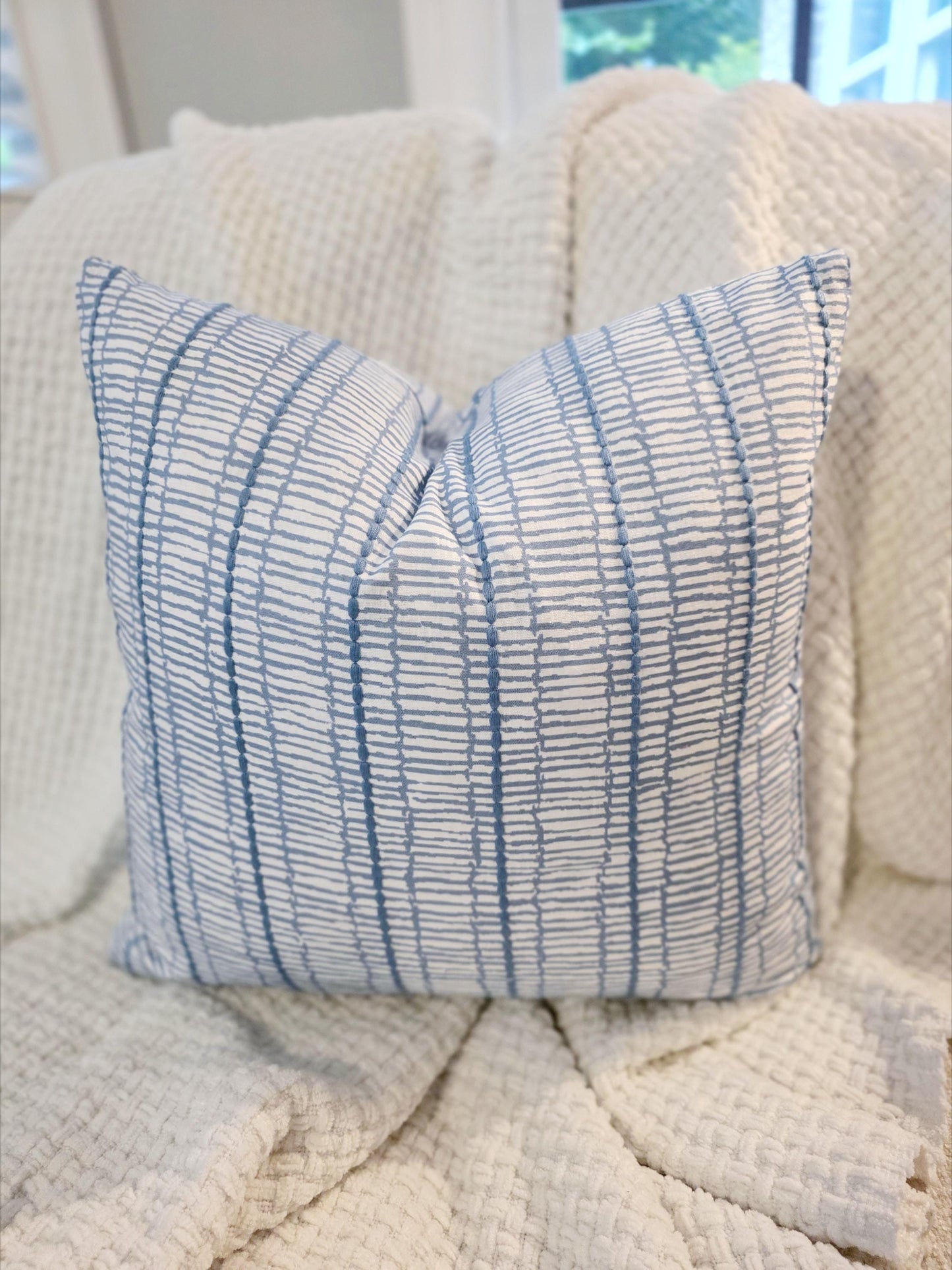 Earthy Linen Blue Embroidered Stripe Pillow Cover