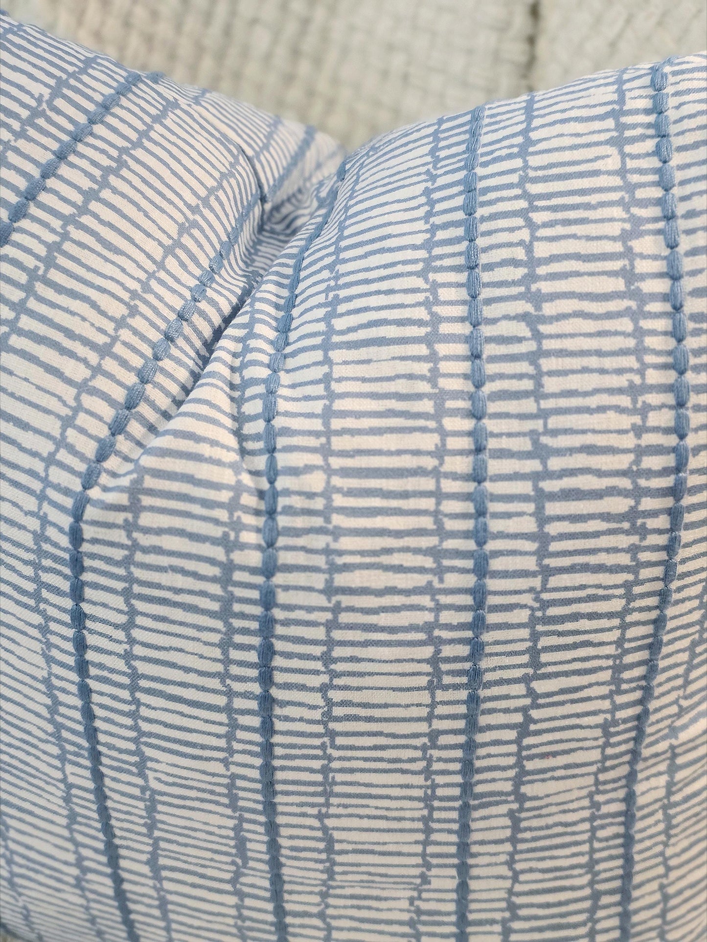 Earthy Linen Blue Embroidered Stripe Pillow Cover
