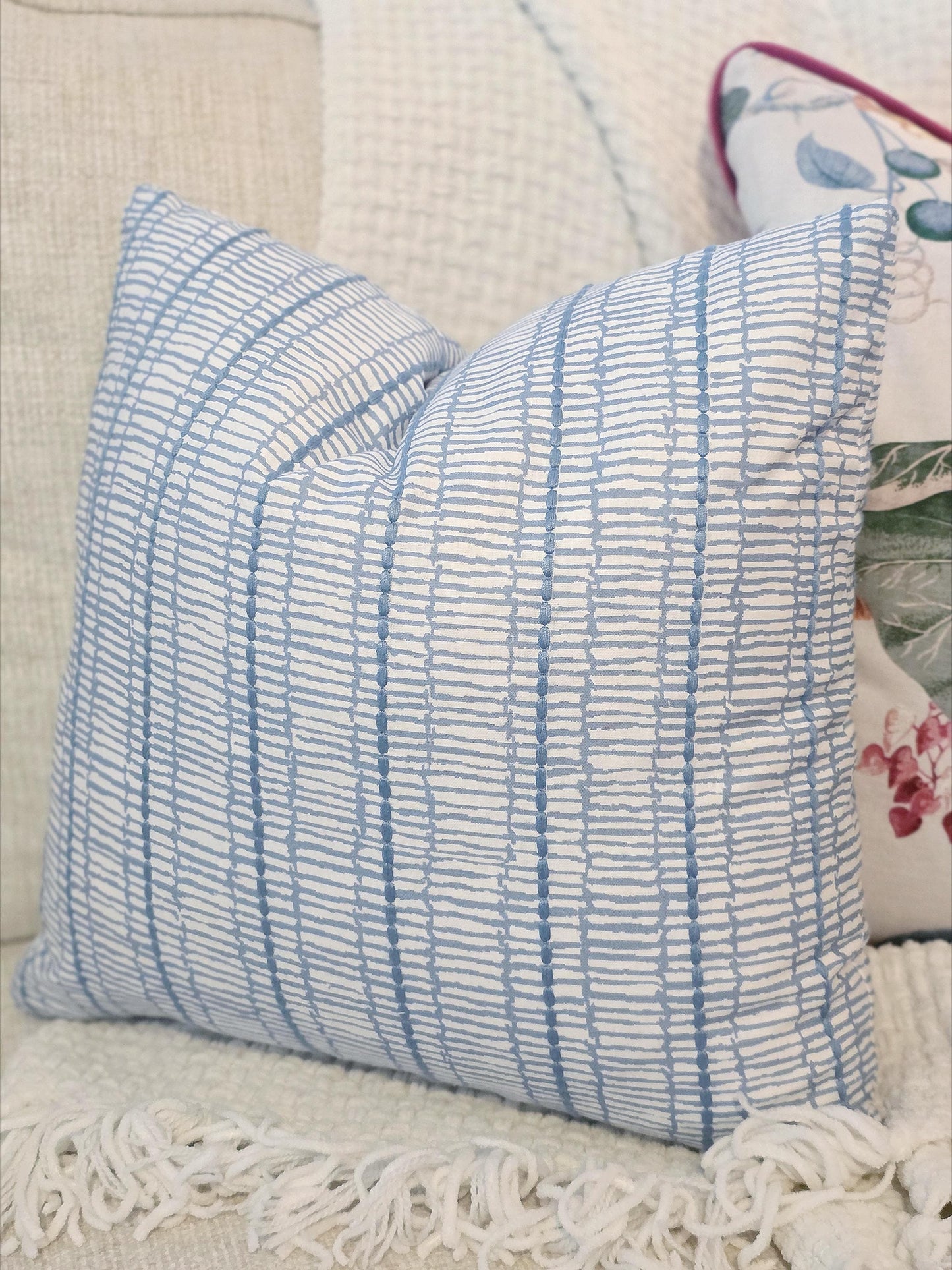 Earthy Linen Blue Embroidered Stripe Pillow Cover