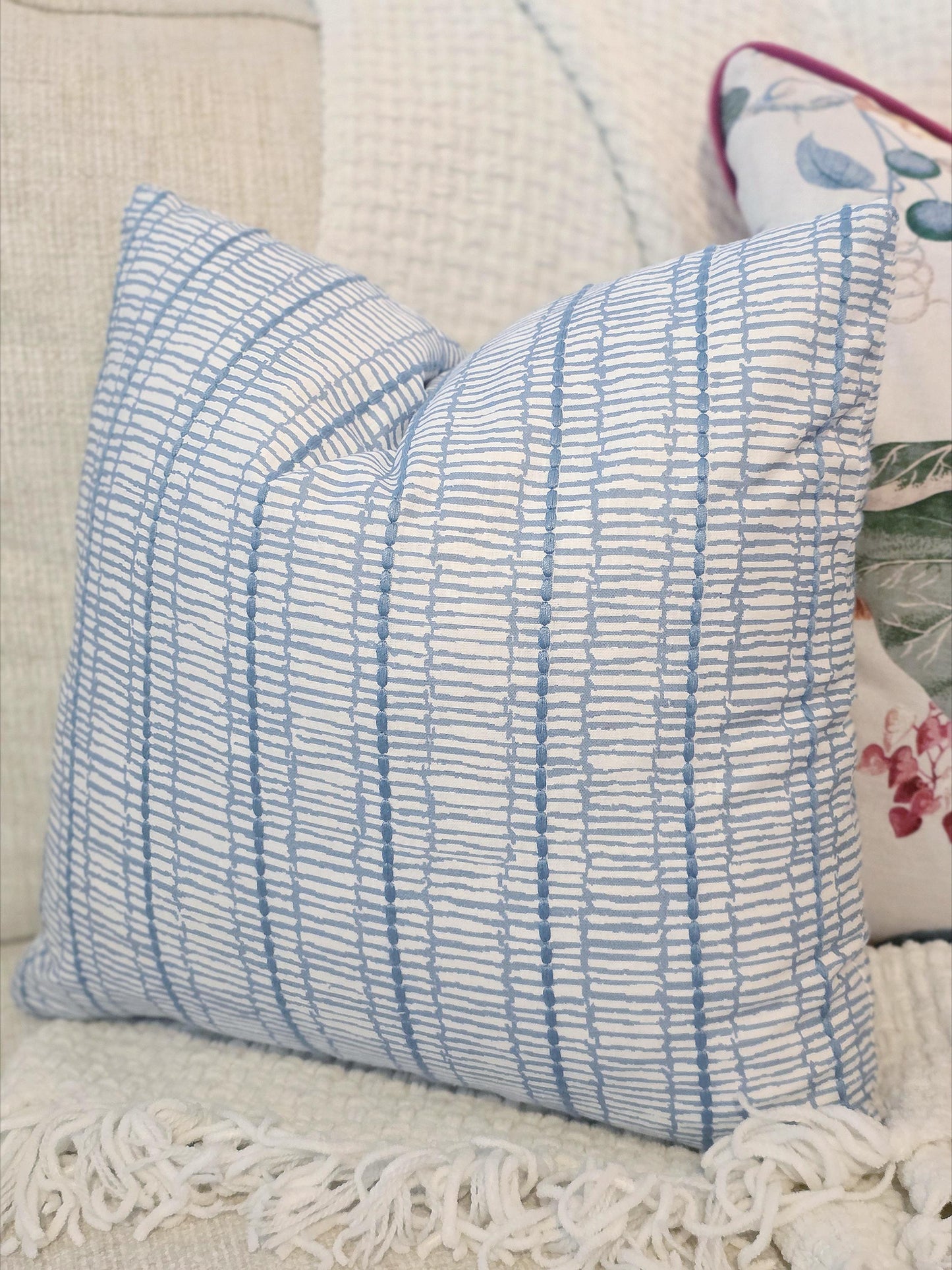 Earthy Linen Blue Embroidered Stripe Pillow Cover