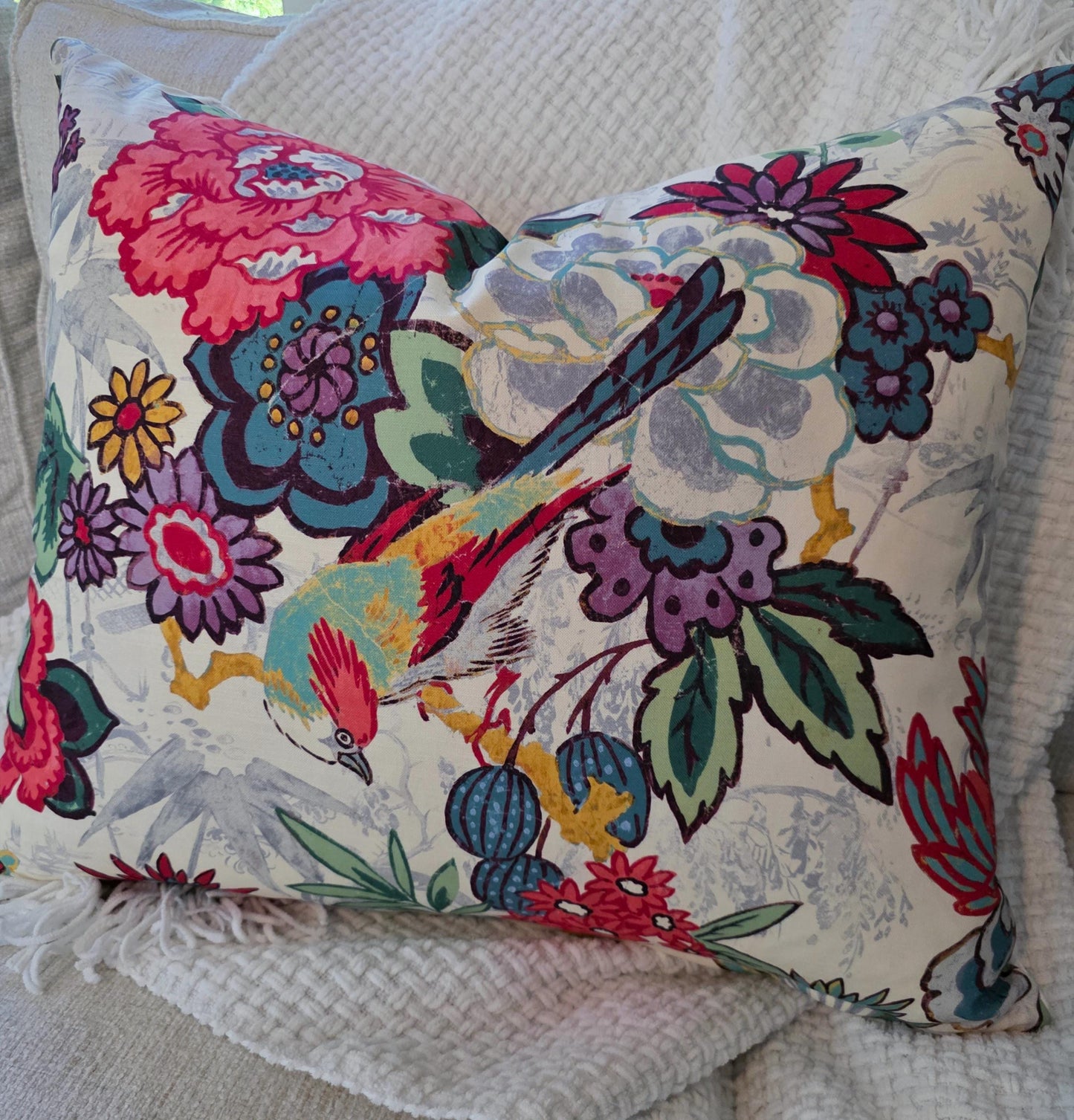 Bright Floral Hibiscus and Bird Pillow Cover