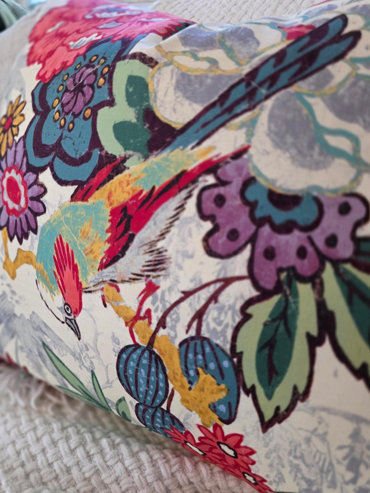 Bright Floral Hibiscus and Bird Pillow Cover
