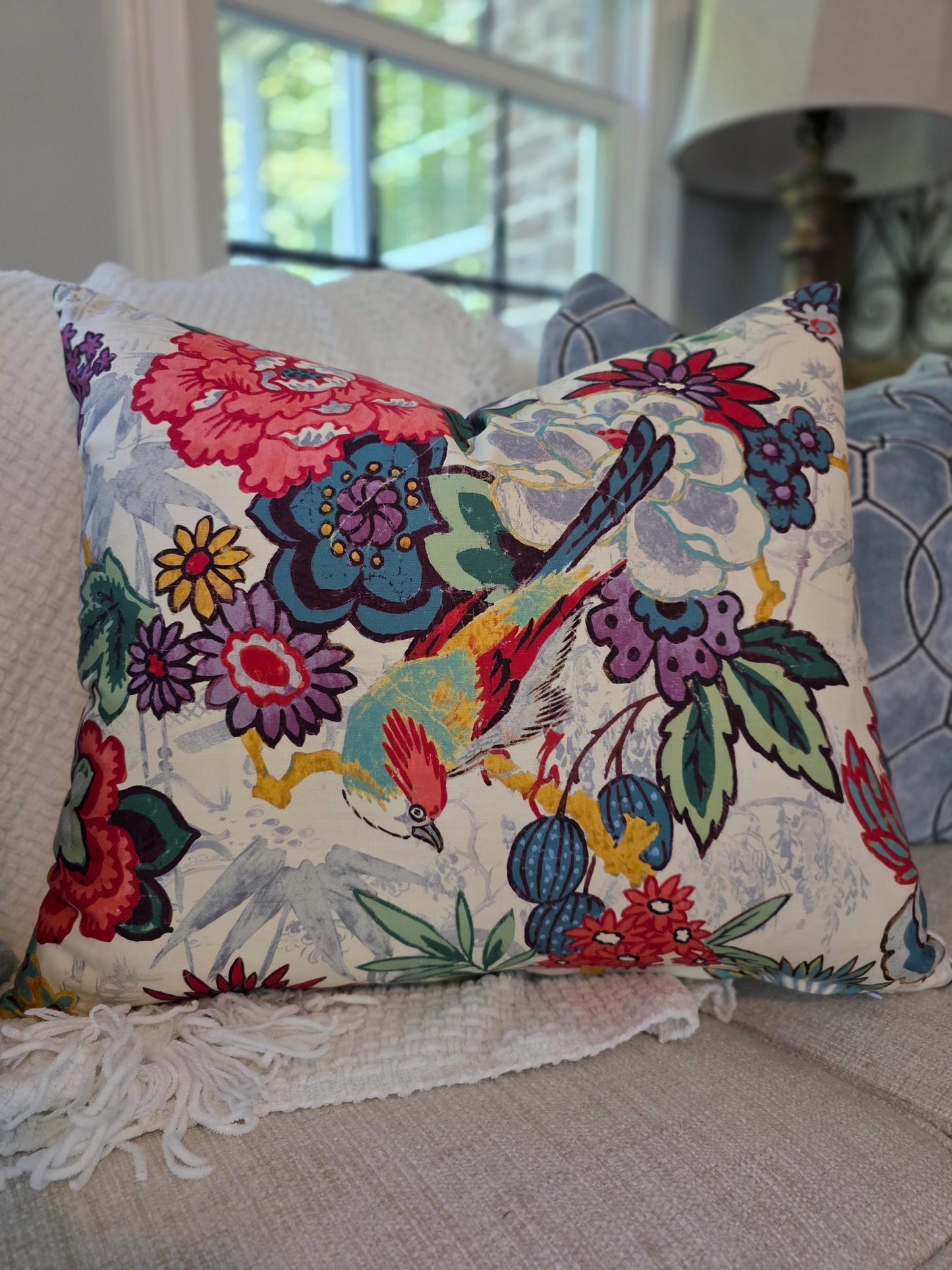 Bright Floral Hibiscus and Bird Pillow Cover