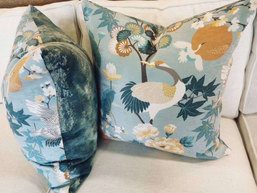 Coastal Bird Seasalt Blue Chinoiserie Print Pillow Cover