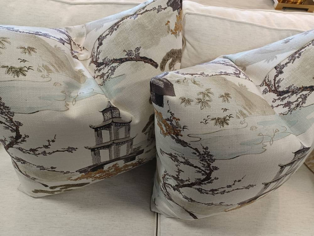 Neutral Pagoda Chinoiserie Print pillow cover