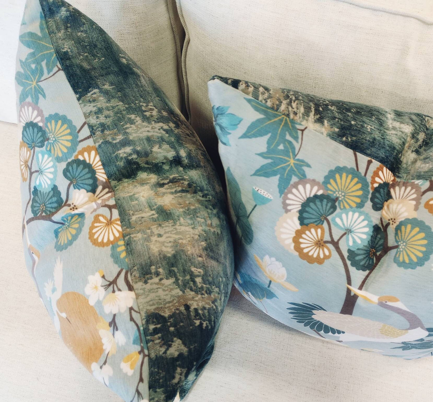 Coastal Bird Seasalt Blue Chinoiserie Print Pillow Cover