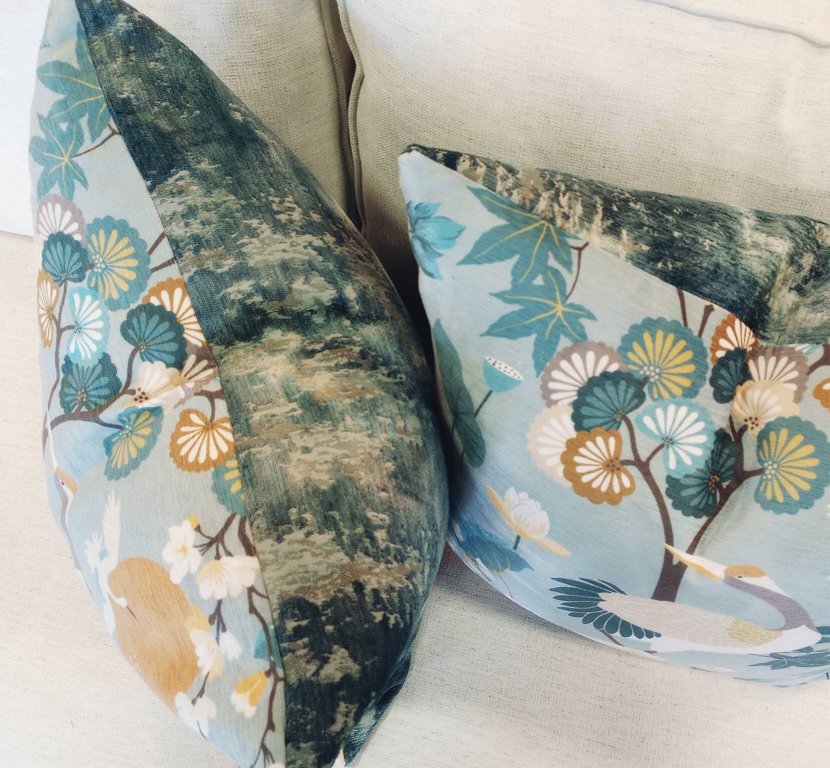 Coastal Bird Seasalt Blue Chinoiserie Print Pillow Cover