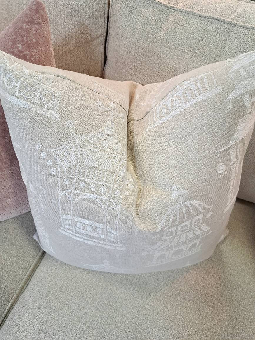 Pagoda Chinoiserie Nuetral White Oatmeal Pillow Cover