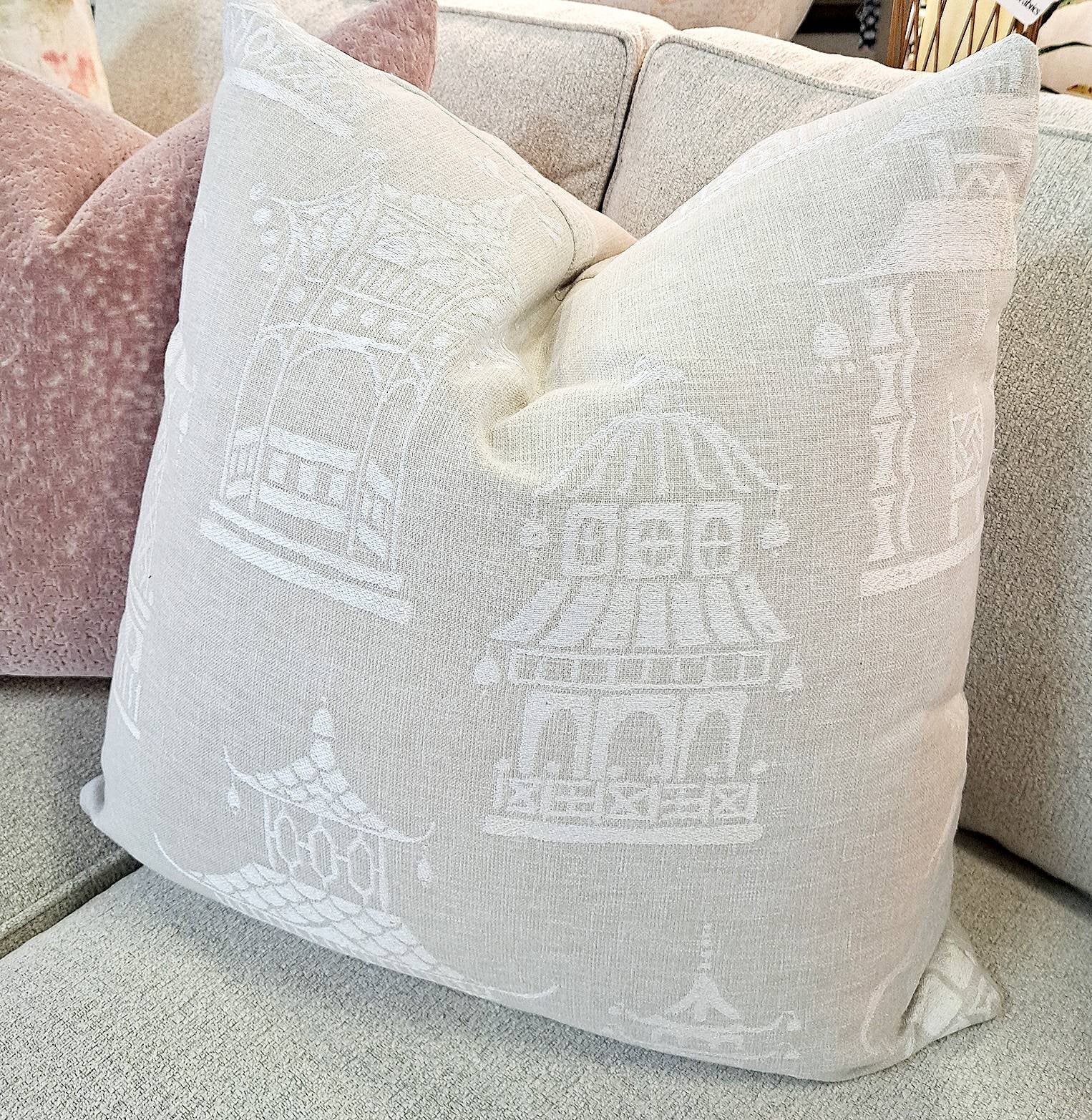 Pagoda Chinoiserie Nuetral White Oatmeal Pillow Cover