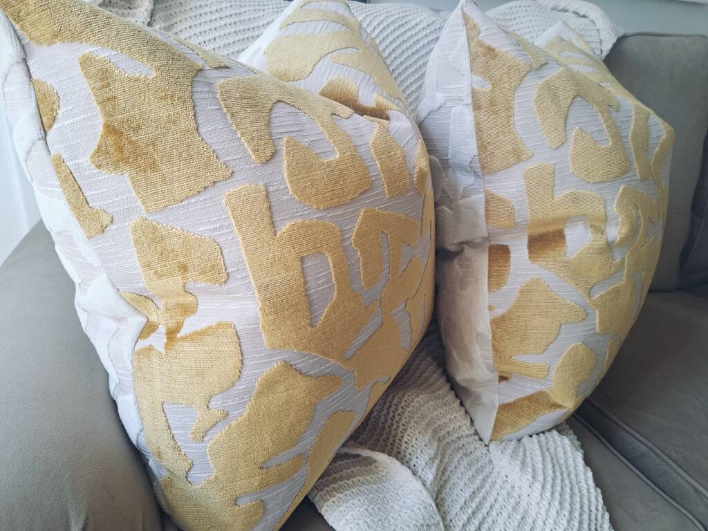 Gold Cut Velvet Geometric Cream Pillow Covers