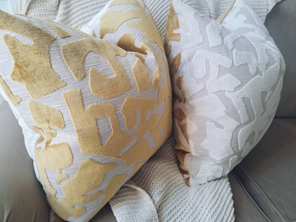 Gold Cut Velvet Geometric Cream Pillow Covers