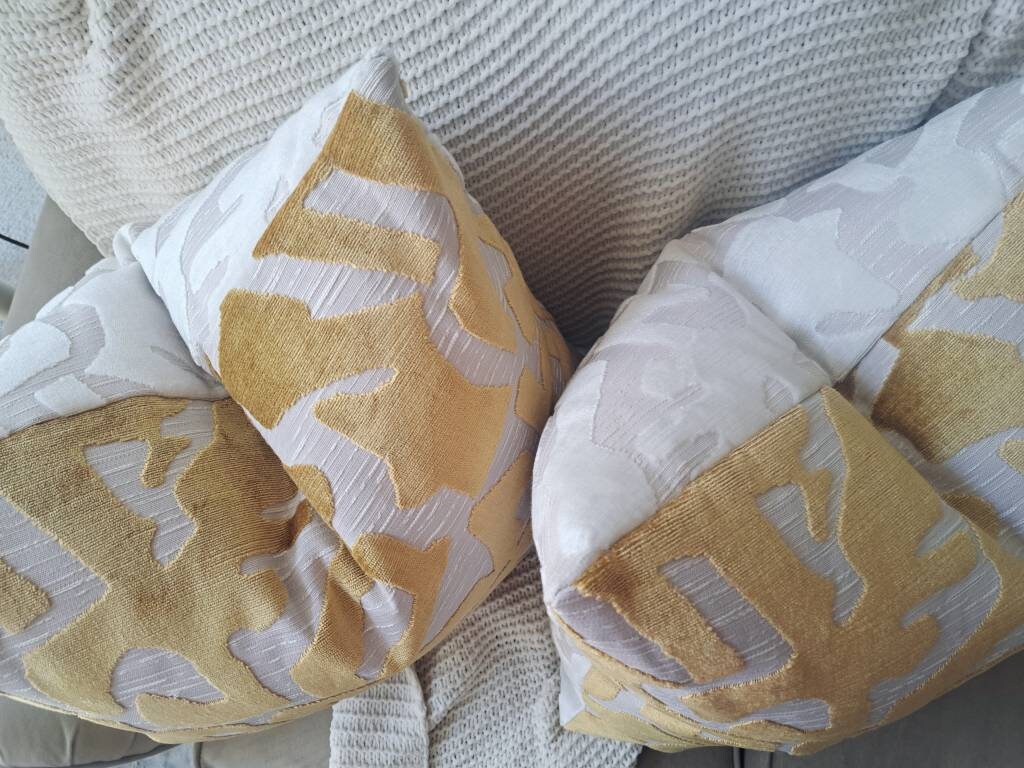 Gold Cut Velvet Geometric Cream Pillow Covers