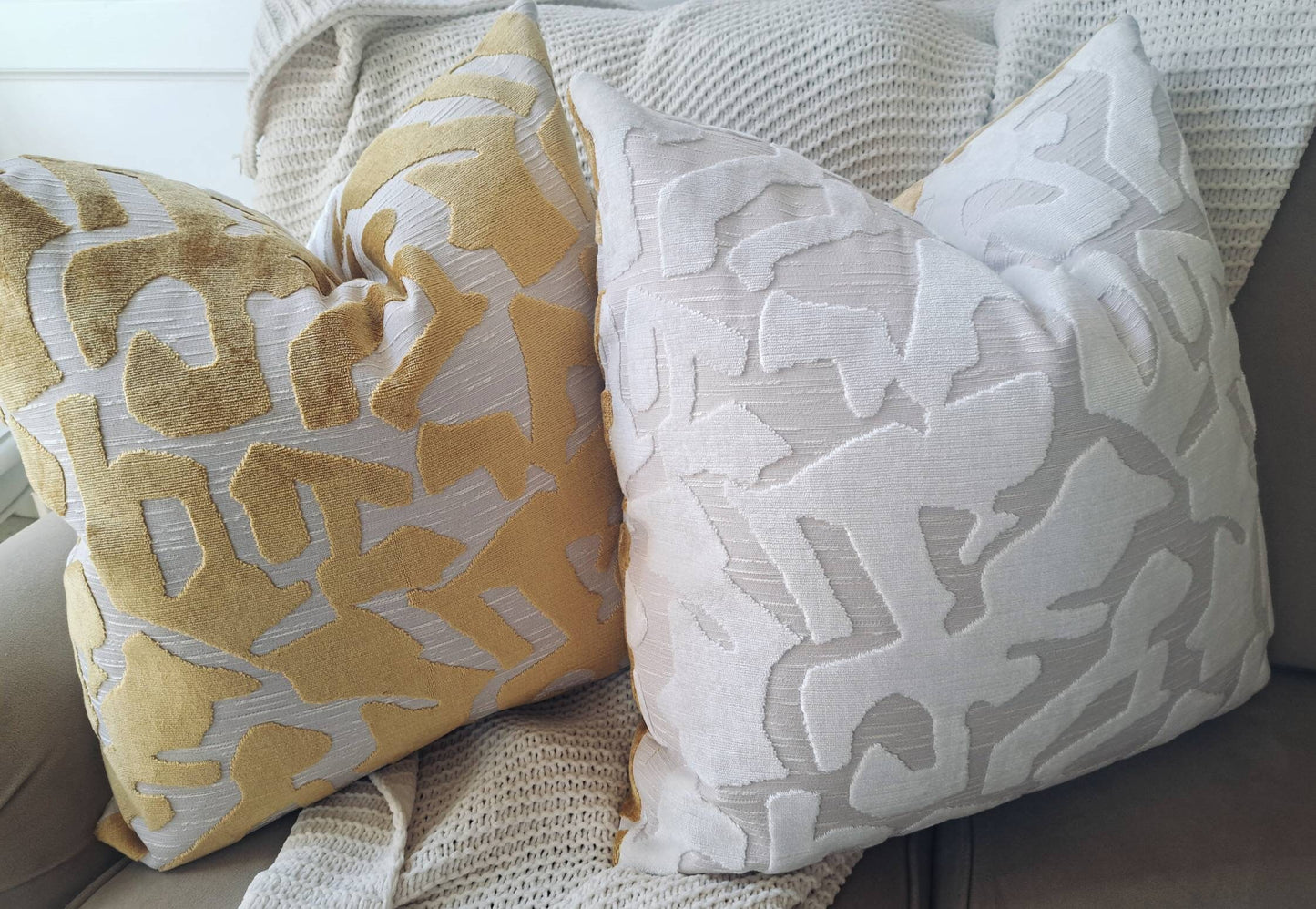 Gold Cut Velvet Geometric Cream Pillow Covers