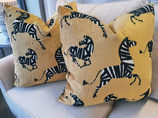 Gold Velvet Dancing Zebra Print Pillow Cover