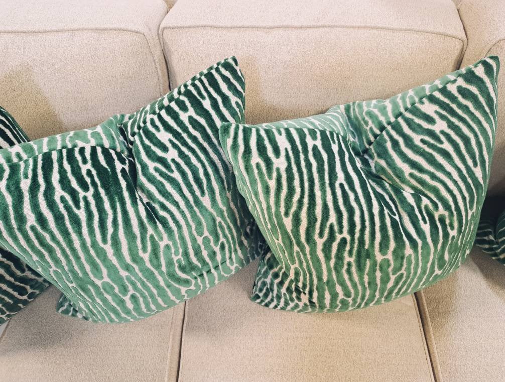 Emerald Green Cut Velvet Abstract Strip Pillow Cover