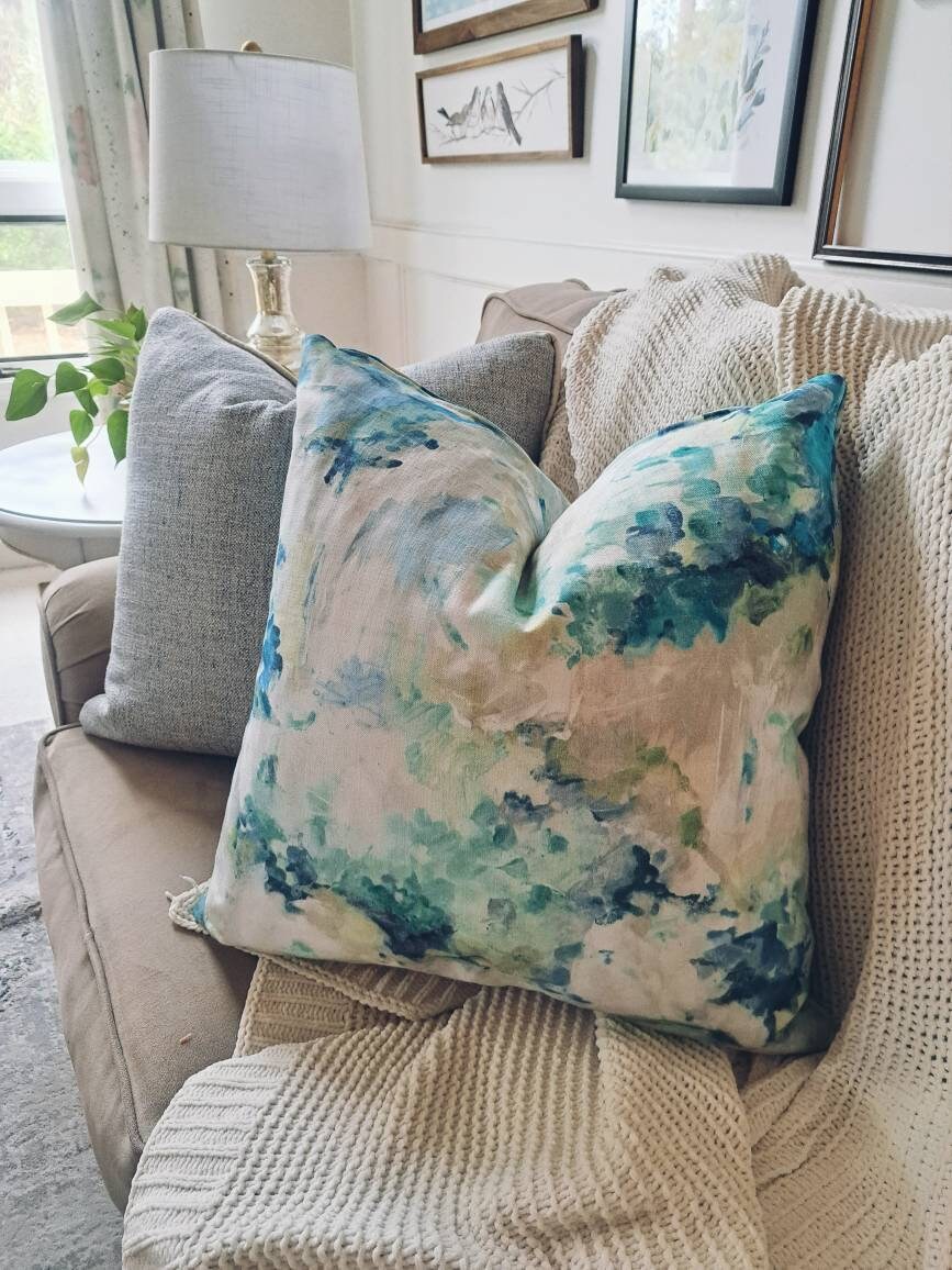 Green and Blue Abstract Watercolor Floral Print Pillow Cover