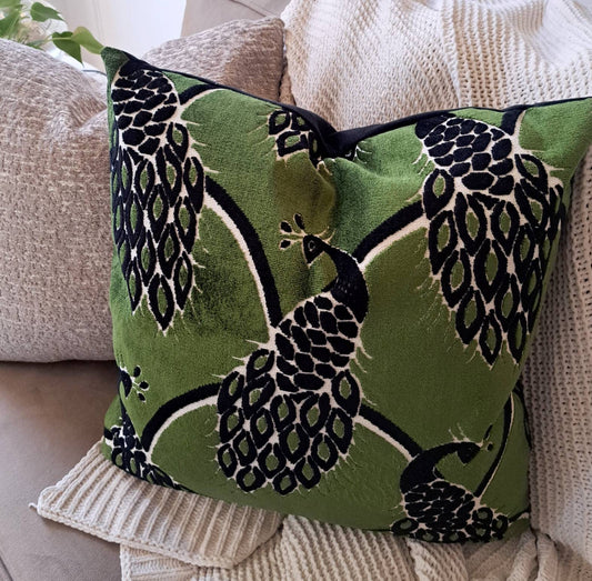 Cut Velvet Green and Black Peacock Pillow Cover