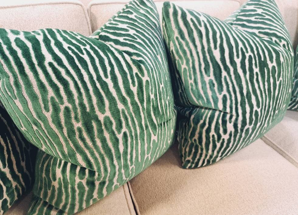 Emerald Green Cut Velvet Abstract Strip Pillow Cover