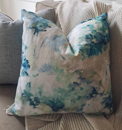 Green and Blue Abstract Watercolor Floral Print Pillow Cover
