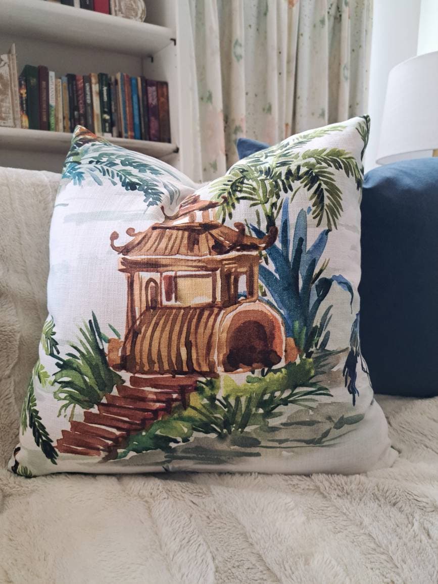 Green and Blue Pagoda Chinoiserie with Emerald Green Dot Back Pillow Cover