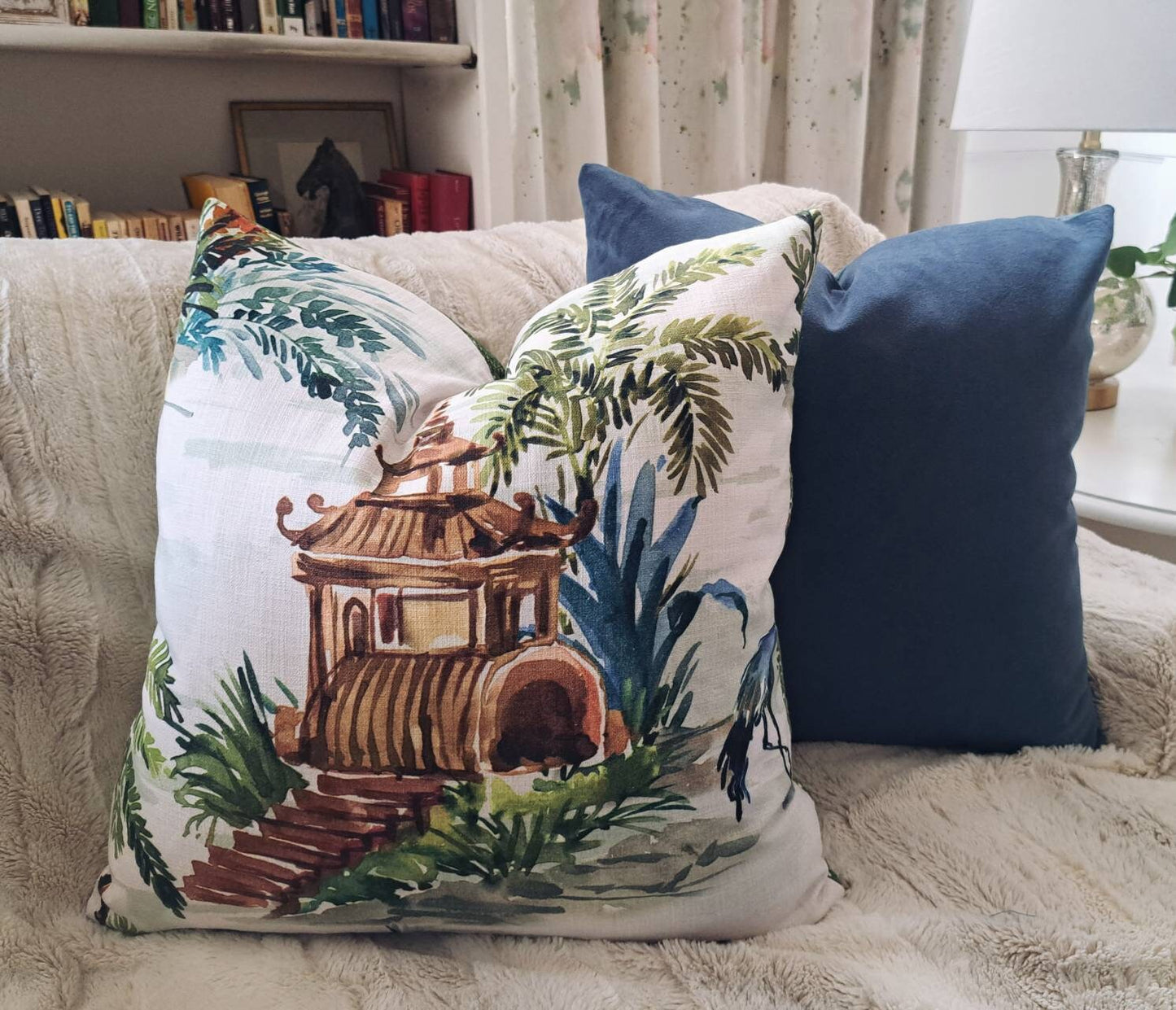 Green and Blue Pagoda Chinoiserie with Emerald Green Dot Back Pillow Cover