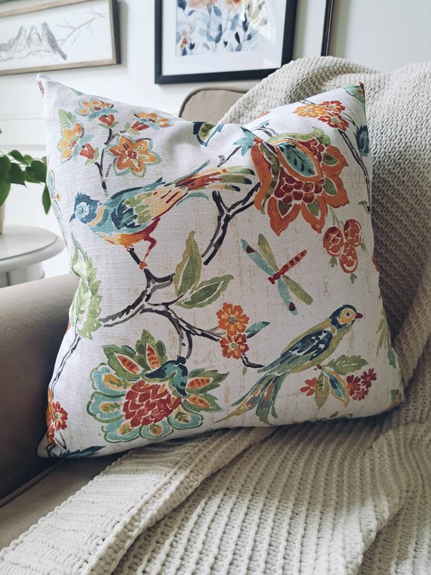 Bright Bird and Floral Print Pillow Cover