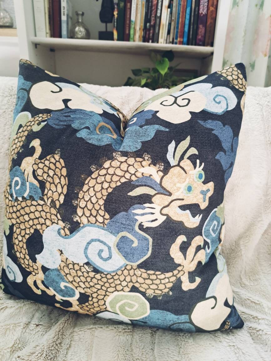 Blue Dragon Chinoiserie Print Pillow Cover