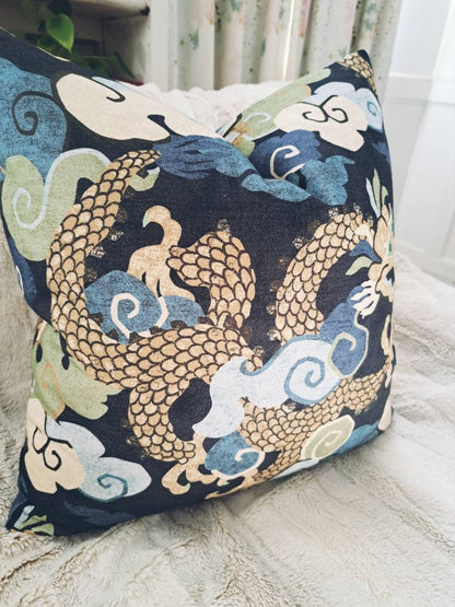 Blue Dragon Chinoiserie Print Pillow Cover