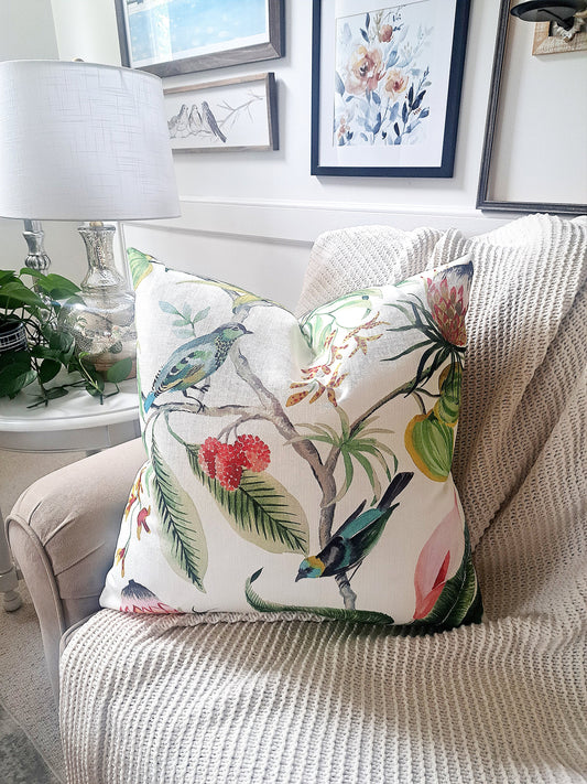 Paradise Leaf Tropical Floral Bird Print Pillow Cover