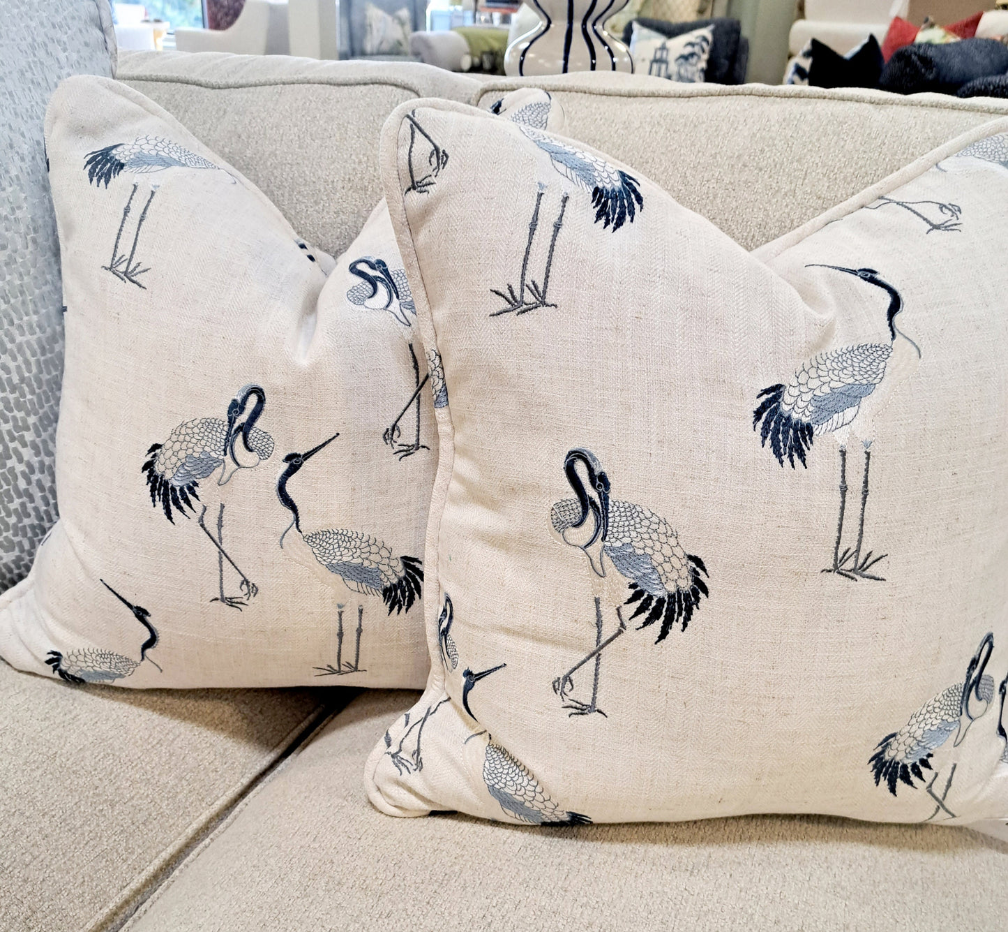 Navy and Cream Embroiderd Bird Pillow Cover