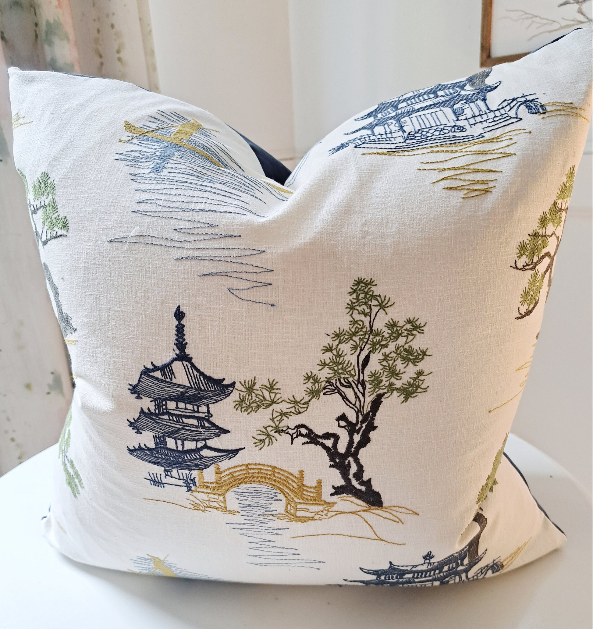 Navy and Green Pagoda Chinoiserie Print Pillow Cover