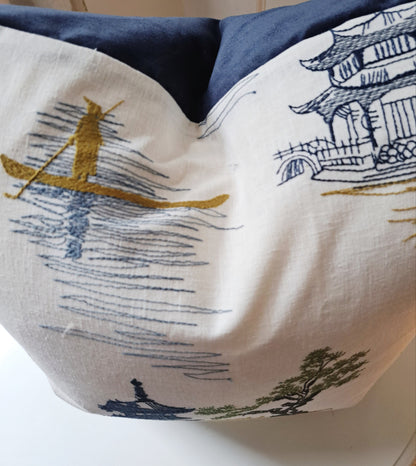 Navy and Green Pagoda Chinoiserie Print Pillow Cover