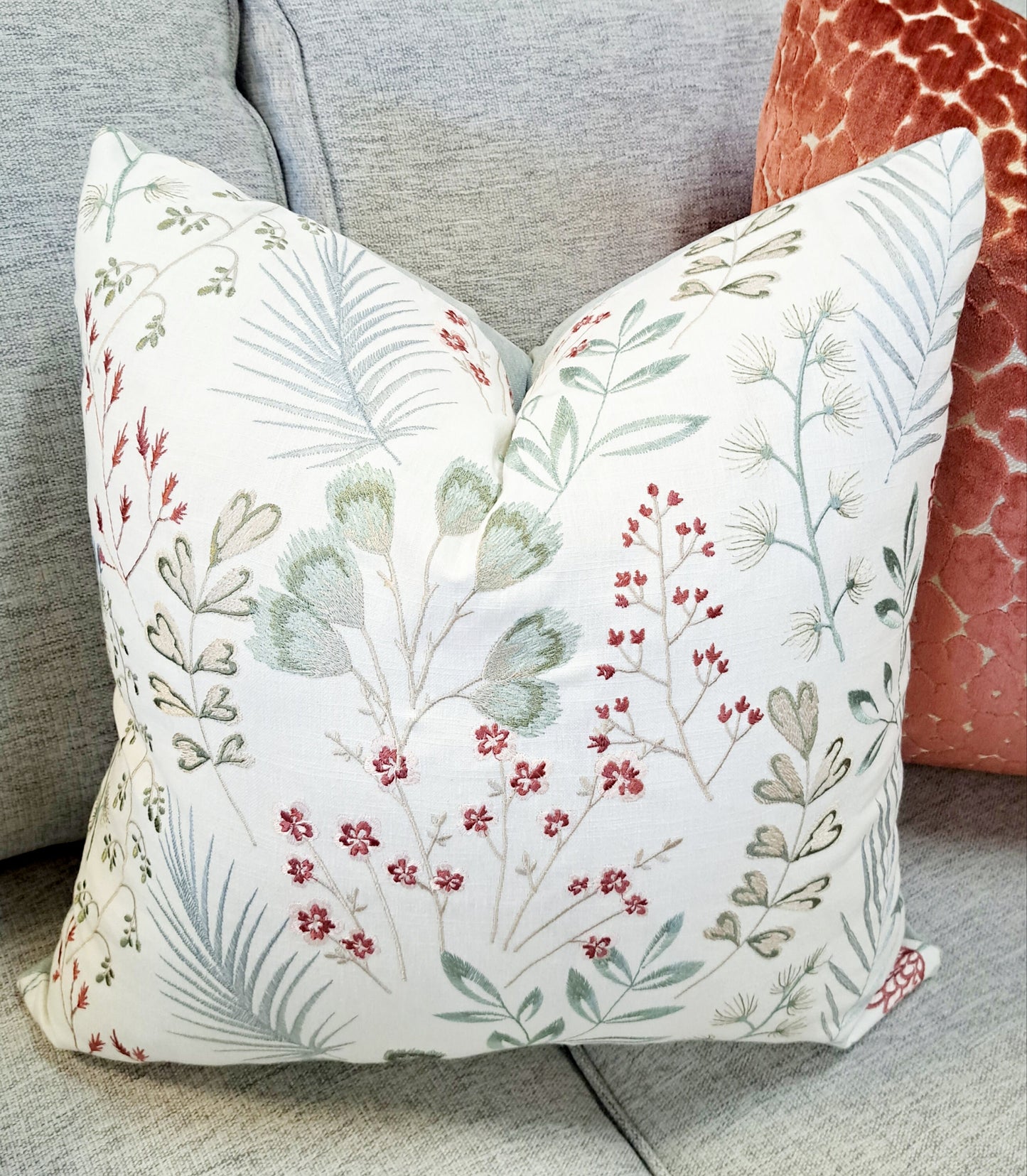 Seafoam Embroidered Floral Pillow Cover