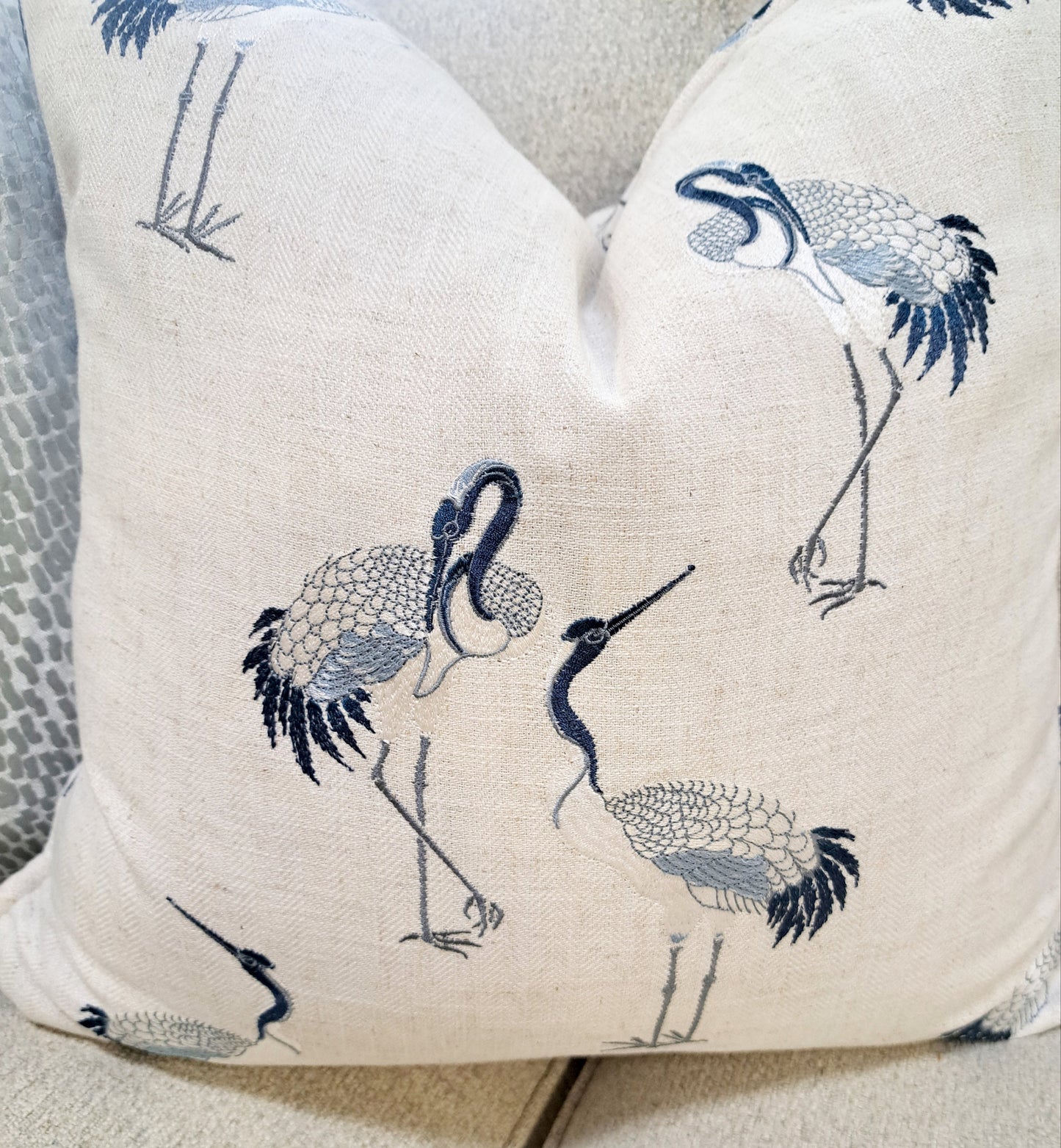 Navy and Cream Embroiderd Bird Pillow Cover