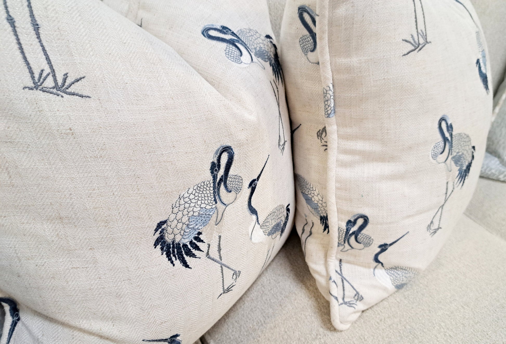 Navy and Cream Embroiderd Bird Pillow Cover