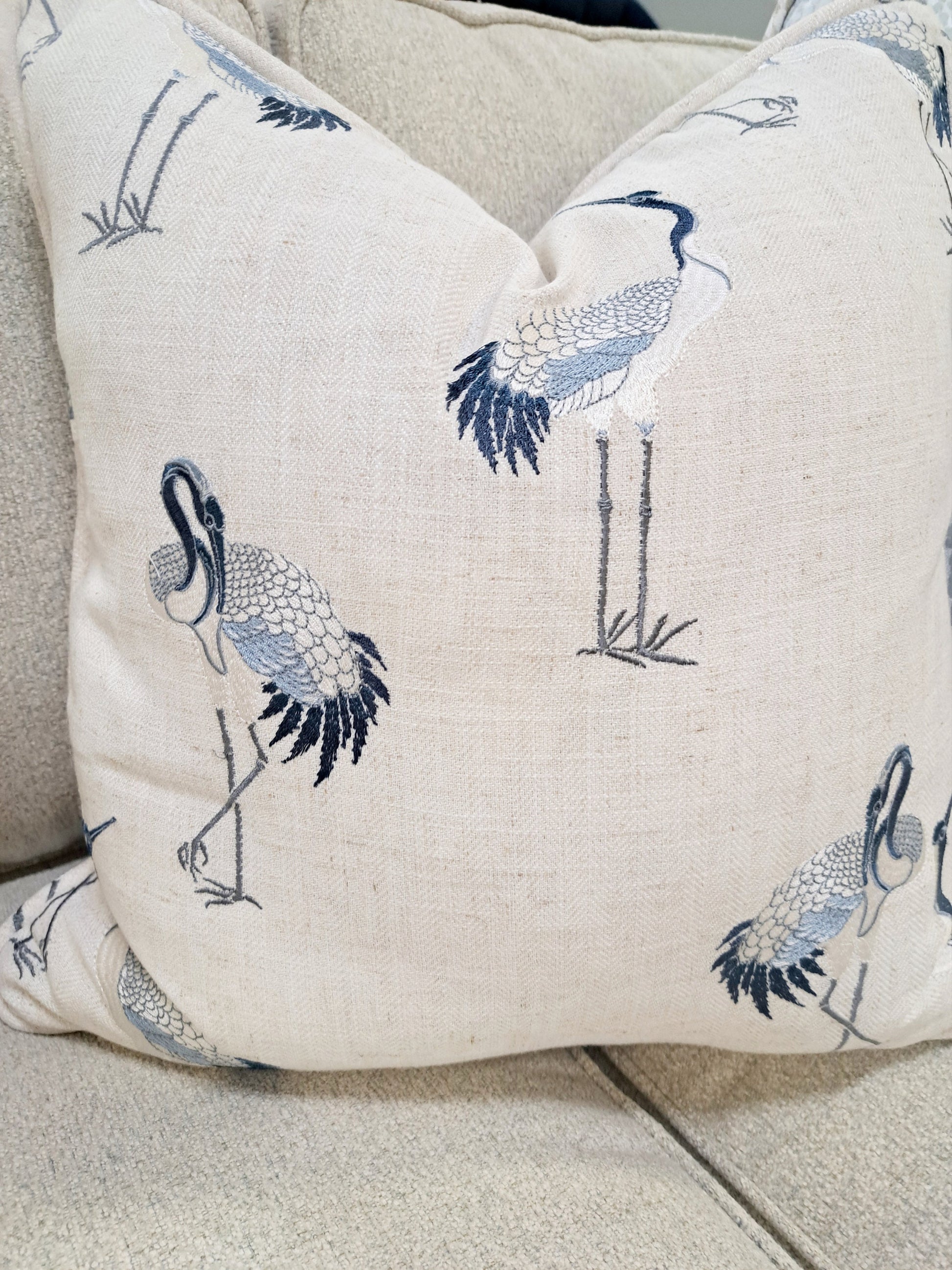 Navy and Cream Embroiderd Bird Pillow Cover