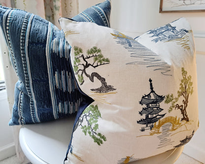 Navy and Green Pagoda Chinoiserie Print Pillow Cover