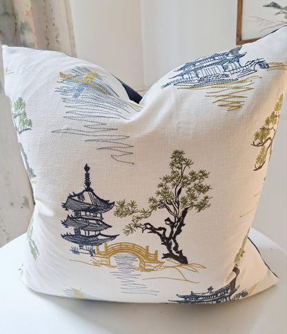 Navy and Green Pagoda Chinoiserie Print Pillow Cover