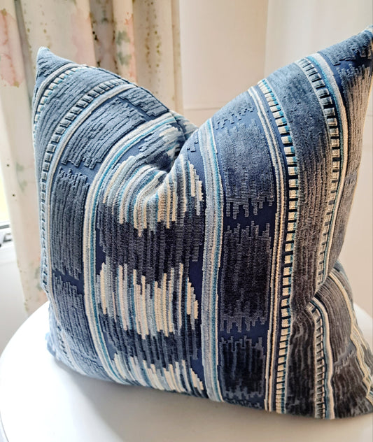 Stripe Geometric Boho Navy Blue Chenille Pillow Cover