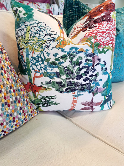 Embroidered Colorful Trees Pillow Cover