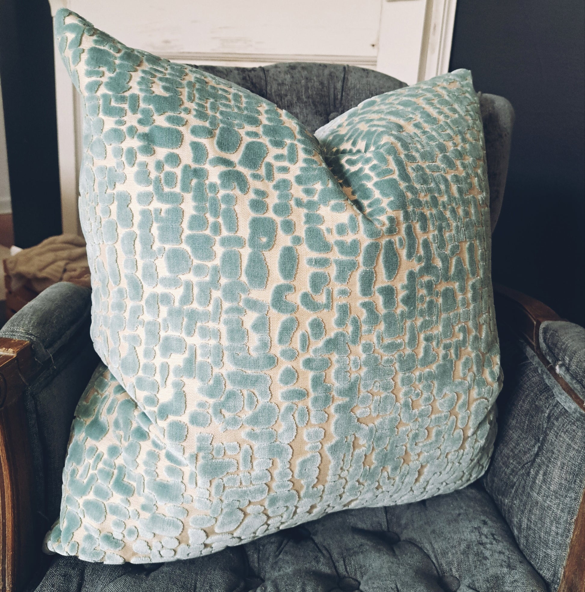 Light blue geometric dot velvet pillow covers