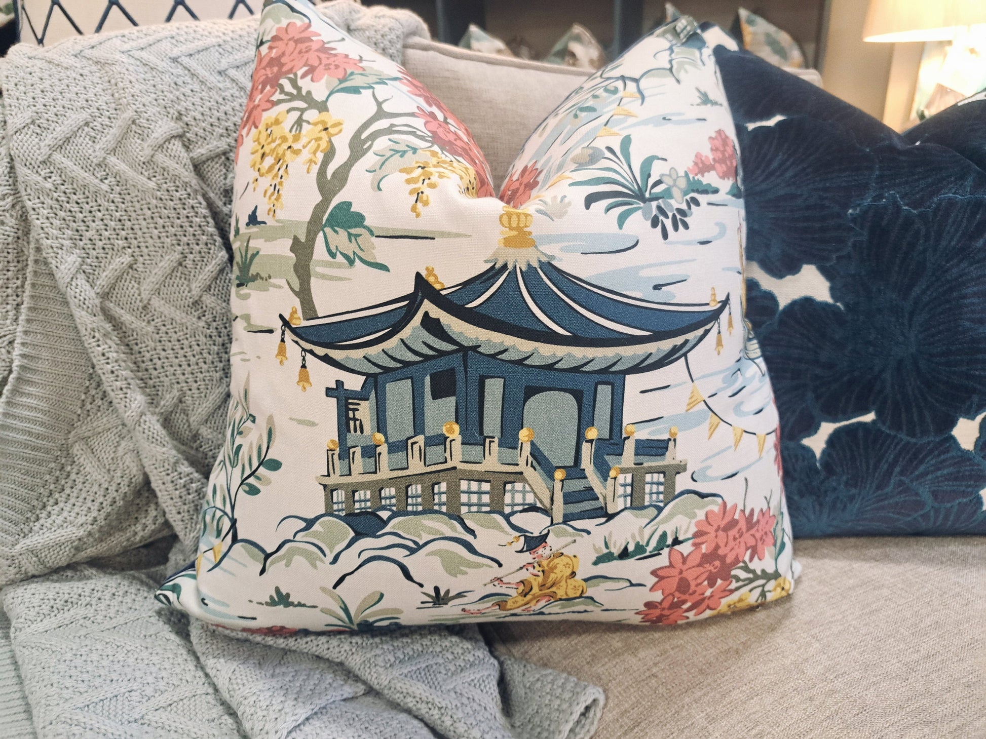 Blue and Blush Chinoiserie Print Pillow Cover