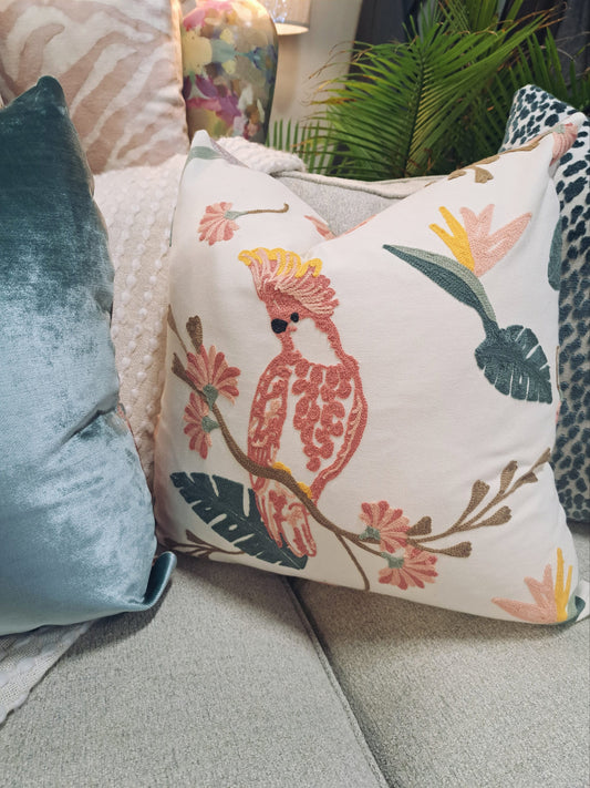 Pink Parrot Crewel Embroidered Pillow Cover