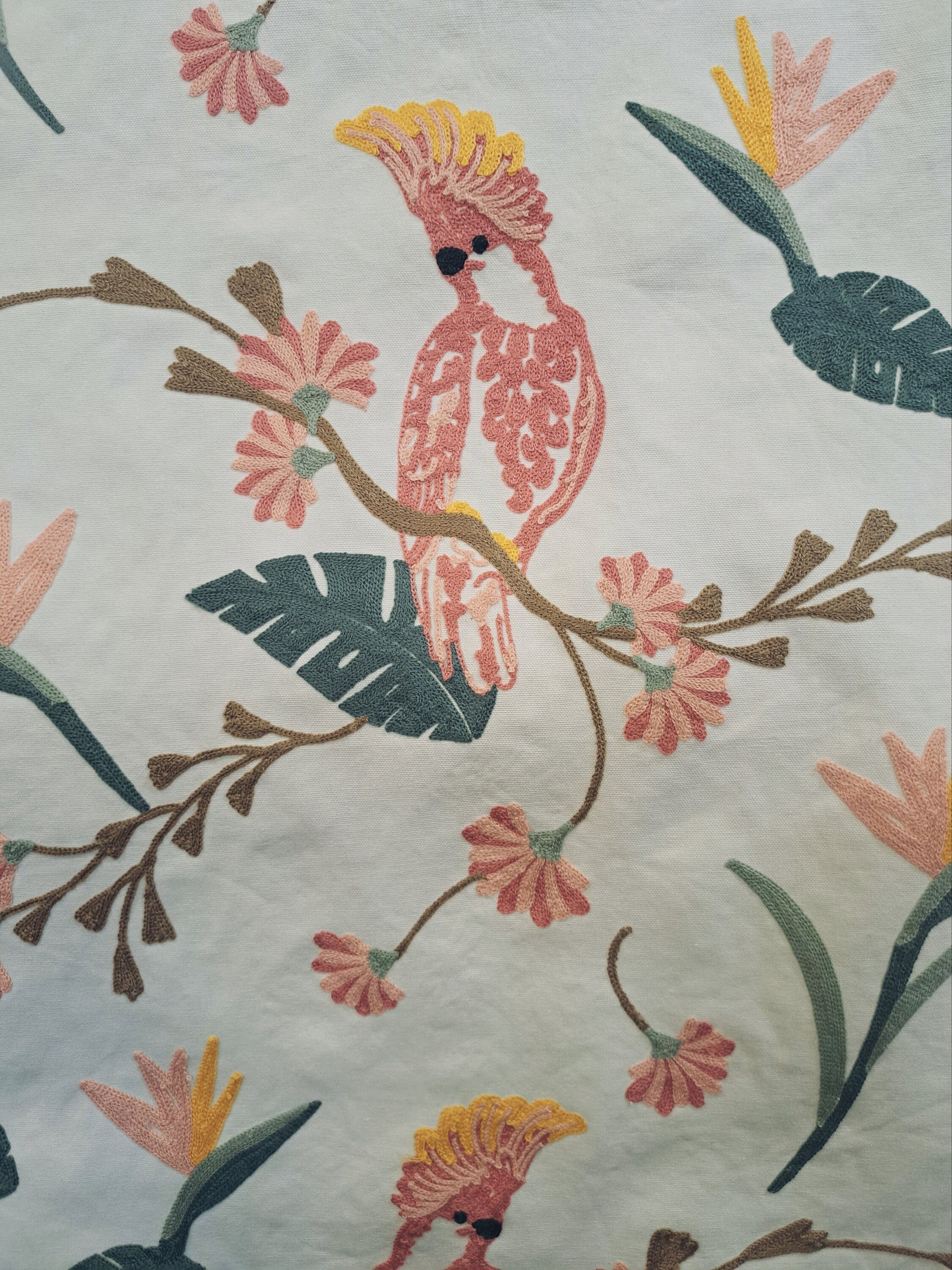 Pink Parrot Crewel Embroidered Pillow Cover