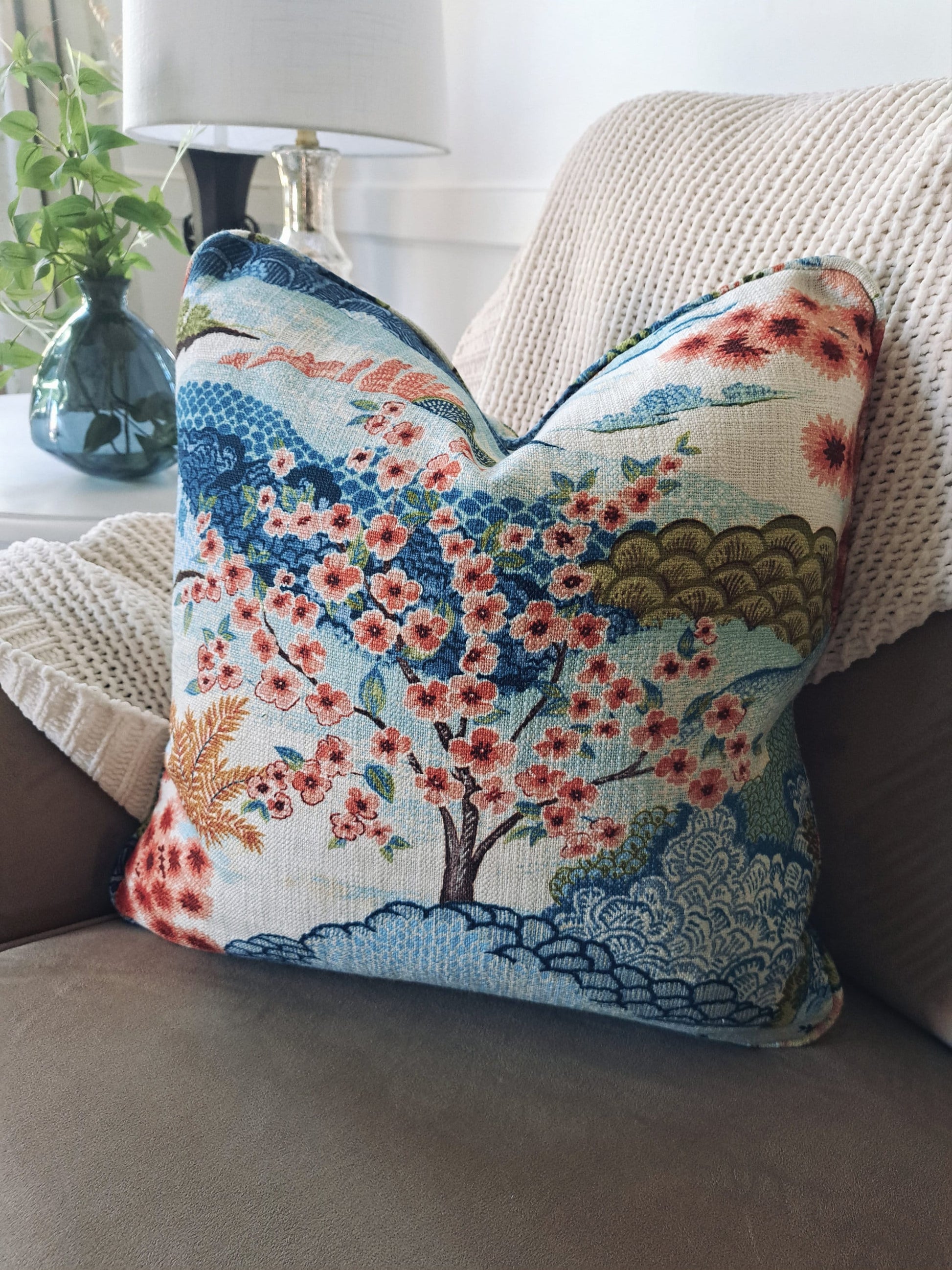 CUSTOM Coral Blue Chinoiserie Scenery BOX CUSHIONS